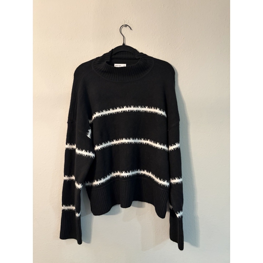 NWT Women's Nine West Cozy Mock Neck Pullover Sweater L Black And White Stripe